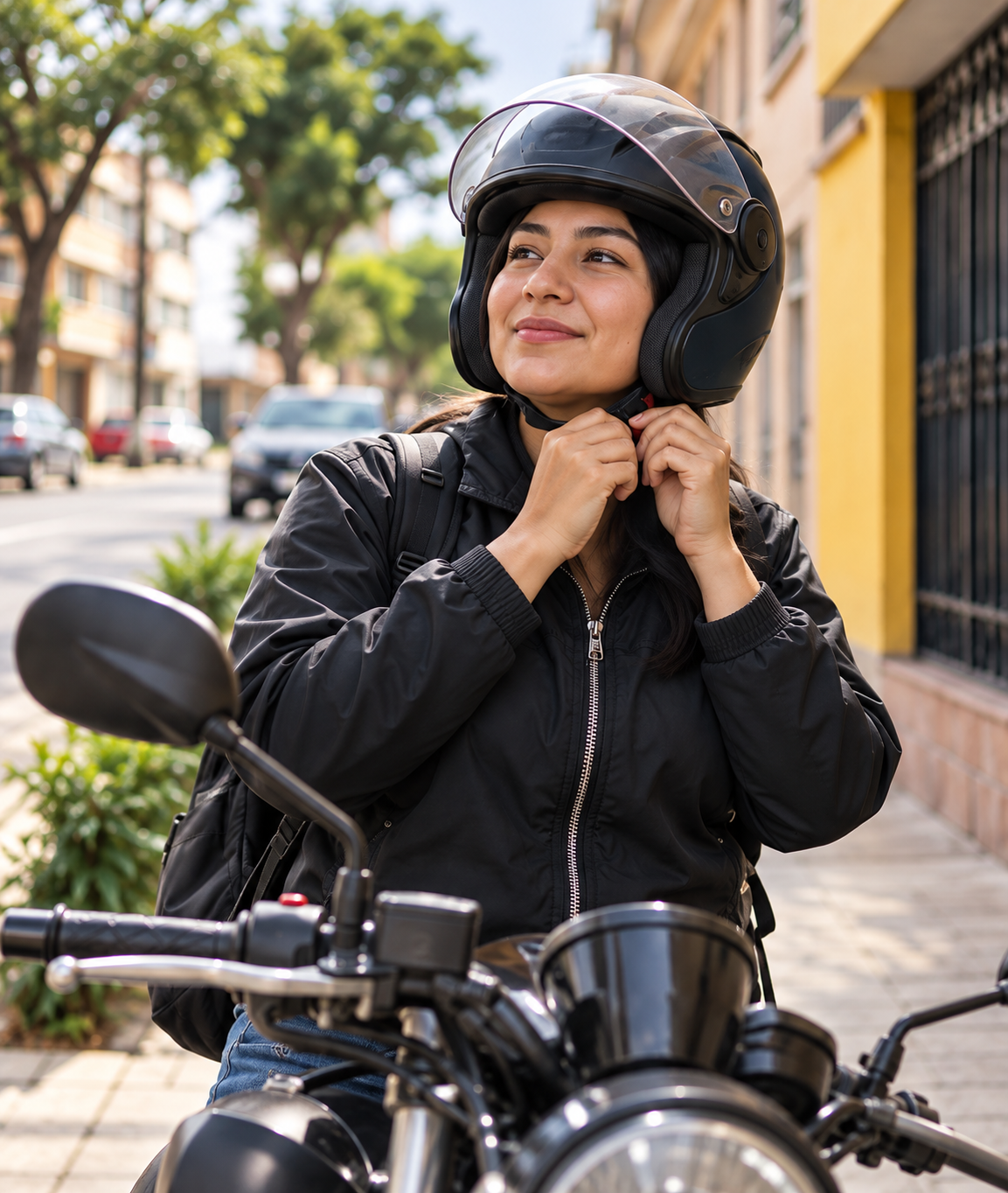 Motociclista con casco junto a su moto estacionada en una calle de Lima